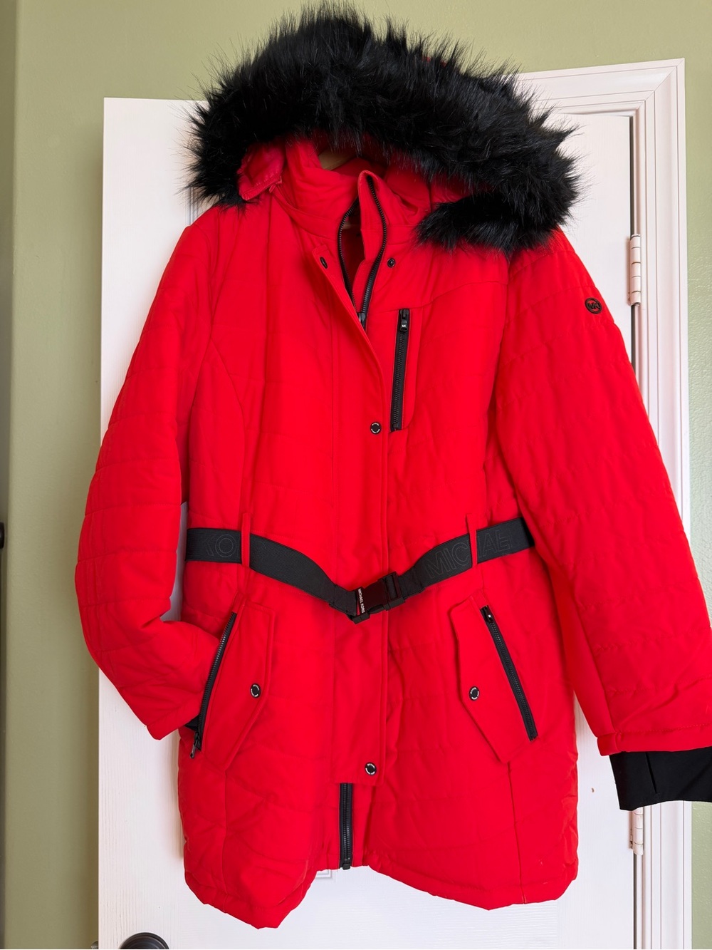 Michael Kors Red Hooded Puffer Jacket with Black Faux Fur Trim